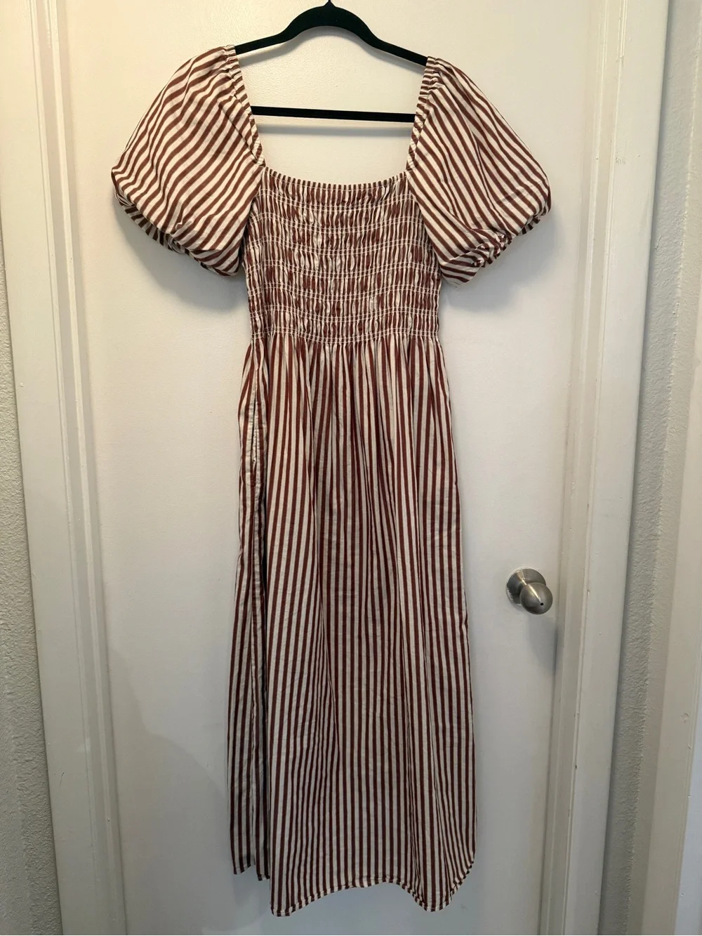Hill House Julia Nap Dress | Rust Stripe | Cotton Midi | Smocked | Size S - Picture 9 of 12
